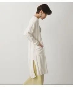 美品アズールバイマウジー白ワイドリブカーディガン　ロングカーディガン綿ニット