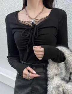 SHEIN FRIFUL レース付きリボンフロントTシャツ