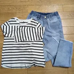 ストライプ長袖Tシャツとデニム風パンツセット