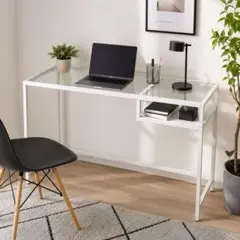 美品　IKEA VITTSJÖ ヴィットショー ガラステーブルホワイト デスクのサムネイル