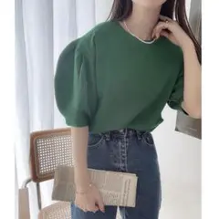 センスオブプレイス◎ランタンスリーブセーター(5分袖)グリーン　ニット　フリーのサムネイル