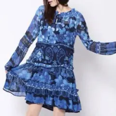 Desigual ワンピース チュニック フラワープリント　ティアード ブルー