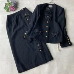 INGEBORG アンゴラ混 金ボタンツイードセットアップ 黒 S/M フリル