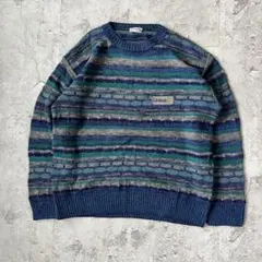 90s ヴィンテージ 3D立体編み マルチボーダー クルーネックニット セーター
