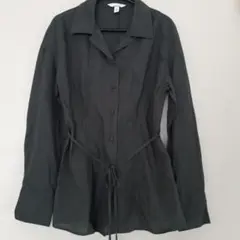 H&M 長袖シャツ ブラウス　リネンブレンド　ウエストリボン　オリーブグリーンのサムネイル