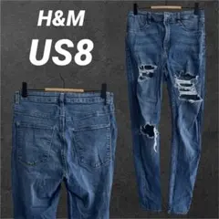 H&M スキニーデニム US 8 細身 ダメージ加工 ストレッチ素材 ブルー