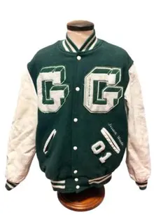 【USA製】80s-90s Holloway 袖レザースタジャン L 緑×白