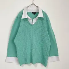 ケーブル編み セーター 長袖 ビッグサイズ XL 緑 綿 お出かけ　重ね着風