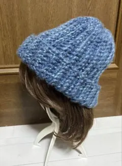 ハンドメイド ニット帽 ネイビー ブルー
