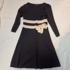 #ブラックワンピース　ストライプ ビーズリボン付き ワンピースパーティードレス