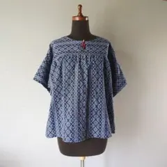 ハンドメイド 古布リメイク プルオーバー 大和絣 白絣 藍染 井桁 