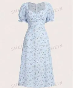 小花柄プリント　ブルー　シャーリングバストパフスリーブドレス　ワンピース　水色