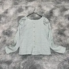 【ロペピクニック】カーディガン風トップス ホワイトグリーン ボーダー M【美品】のサムネイル