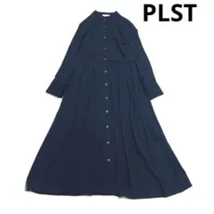 プラステ ジョーゼット プリーツ シャツワンピース S ネイビー 長袖 フレア