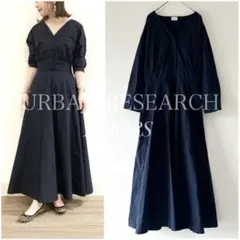 アーバンリサーチドアーズ　ネイビー　Vネック ウエストマーク ロングワンピース