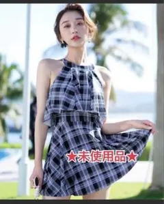 【未使用品】水着ワンピース　ライトブルーチェック柄