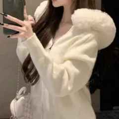 shein ファー付きニットパーカー Mサイズ ホワイト