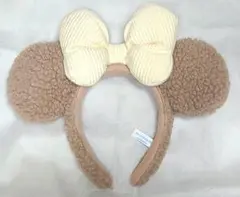 モコモコミニーカチューシャ 可愛いピンクベージュ×白 冬用もこもこ