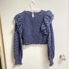 【美品】ZARA ネイビー ドット柄 フリル袖 S ザラ トップス春服