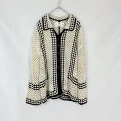 pual ce cin 配色かぎ針編み風 襟付き 長袖 ニットカーディガン