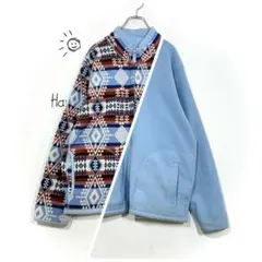 リバーシブル フリースジャケット(3L)大きいサイズ エスニック 幾何学模様▼