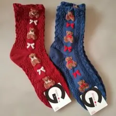 韓国　靴下　ソックス　レディース　くまデザイン　赤　青　２点