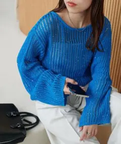 DISCOAT スパンコール メッシュ ニット ブルー