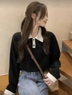 リブ編み ブラックニット ポロカラー M