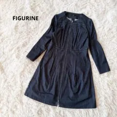 ノーカラーデニムワンピース L ネイビー Aライン フロントジップ 春 日本製