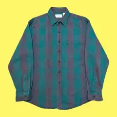 雰囲気抜群 80s ヴィンテージ ブロックチェックシャツ XL 緑 ツイル生地