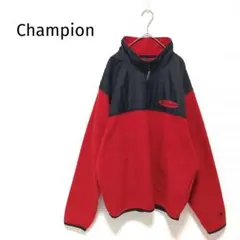 チャンピオン メンズ ハーフジップフリース 赤 黒 切替 L 2ポケット ロゴ