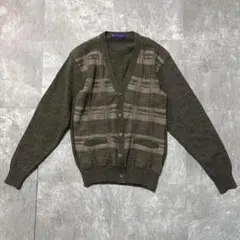 90s 総柄ニットカーディガン Vネック カーキ 古着 レトロ柄 vintage