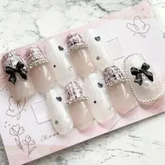 ネイルチップ フレンチガーリー 量産型 韓国 スナ系 ピンク ツイード ワンホン