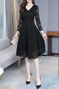 新品未使用 パーティーワンピース 総レース 黒 フォーマル 結婚式 Aライン