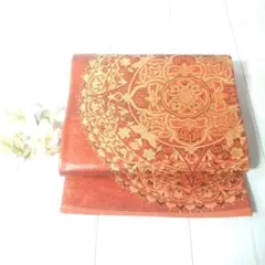 袋帯 オレンジ ゴールド 丸 花模様 大柄 ゴージャス 華やか 着物に OBI