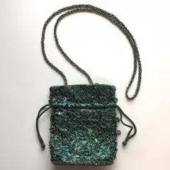 総ビーズ 巾着 グリーン 装飾ポシェット ビーズのショルダー紐付き