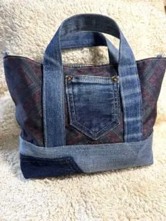 デニム×着物リメイク ミニトートバッグ ショルダー ハンドメイド