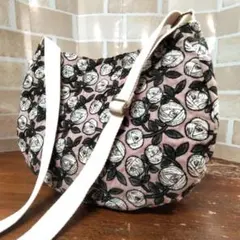 ハンドメイド　丸型ラウンドトート　調整可能ショルダー　バラ柄刺繍　くすみピンク