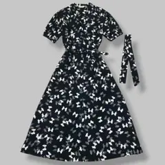 未着用✨ラルフローレン 花柄ロングワンピース 黒×白 Vネック 上品 