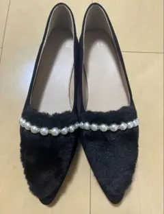 GRL ファー付きパール装飾ブラックシューズ 24.0cm