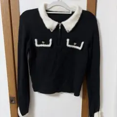 ハーフジップ ニット ファー襟 ブラック