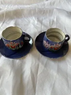 昭和レトロ　丸西陶芸 菖蒲柄 コーヒーカップ&ソーサー2個セット