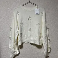 moment plus リボン付きアイボリークロップドニット