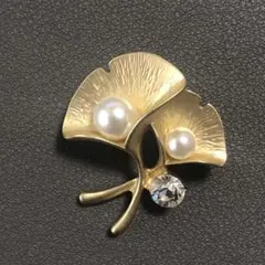 ブローチ アンティーク調 イチョウ 銀杏の葉 パール 真珠 入学式 ゴールド