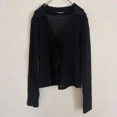 総レース レギュラーカラー 長袖カーディガン ショート丈 リボン 黒 古着
