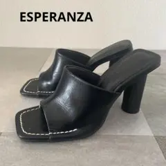 エスペランザ ウッド風ヒール ミュール スクエア オープントゥー M 黒