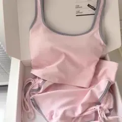 ピンクのリブ編みタンクトップとショートパンツセットS
