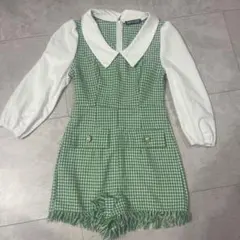 72.SHEIN Petite XXS グリーンチェックミニワンピース