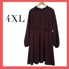 4XL 黒赤ドット フリルネック ワンピース 大きいサイズ