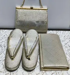 【3点セット】白金色の和装用バッグと草履